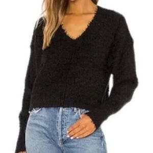 Free People Black V-Neck Eyelash Cropped Sweater